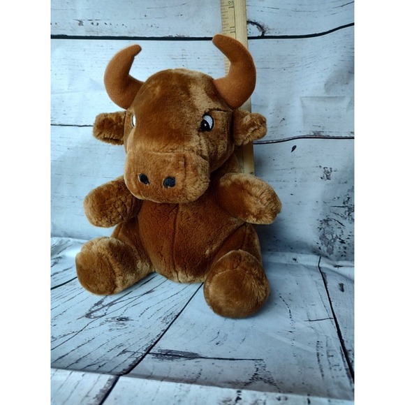 11 Inches LOGO BEAR LONG HORN BULL PLUSH STUFFED ANIMAL BROWN TOY SITTING - Picture 6 of 6